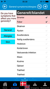 Herefter beder app’en dig om at oplyse generelle symptomer/gener og evt. allergier eller sygdomme.