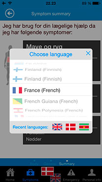 Til slut vælges det sprog du vil oversætte symptomerne til, i bunden af skærmen hvor du valgte modersmål. Her kan du se i parentes hvilket sprog der tales i landet, i en parentes ved siden af landenavnet.
